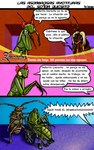 accessory anthro arthropod blonde_hair bow_(feature) bow_accessory bow_ribbon comic decapitation dialogue female group hair hair_accessory hair_bow hair_ribbon hi_res humor insect male mantis ribbons spanish_text text translated vehicle wheelchair zentagas