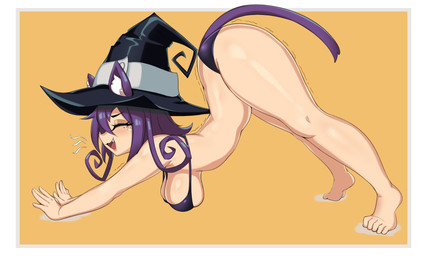 animal_ears animal_tail ass_up big_butt bikini black_clothing black_hat black_headwear border breasts butt clothing eyelashes eyes_closed feet female fur hair hat headgear headwear inner_ear_fluff open_mouth open_smile orange_background purple_bikini purple_body purple_clothing purple_fur purple_hair purple_swimwear side_view simple_background smile solo stretching swimwear tan_body tan_skin thick_thighs tuft two-piece_swimsuit white_border wide_hips witch_hat shnibbles soul_eater blair_(soul_eater) animal_humanoid cat_humanoid felid felid_humanoid feline feline_humanoid humanoid mammal mammal_humanoid 5:3 absurd_res hi_res