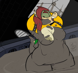 anthro big_breasts breasts city crossgender crown female hair headgear horn messy mud mud_bath muddy nipples open_mouth overweight overweight_anthro overweight_female red_hair scales simple_background solo spikes super_crown swimming_pool tail teeth thick_thighs tongue wam yellow_body sebaku bowsette_meme mario_bros mythology nintendo super_mario_bros._(1993) bowser dragon koopa lizard mythological_creature mythological_scalie reptile scalie absurd_res digital_drawing_(artwork) digital_media_(artwork) hi_res meme