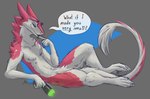 ambiguous_gender anthro bedroom_eyes featureless_crotch fur geometric_background grey_background looking_at_viewer narrowed_eyes pink_body pink_fur seductive shrink_ray simple_background solo speech_bubble tail tail_tuft text tuft white_body white_fur magpi maple_(magpi) sergal 2022 digital_media_(artwork) english_text hi_res nonbinary_(lore)