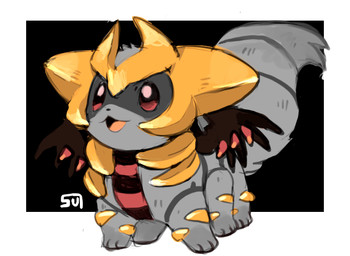 3_toes 6_legs ambiguous_gender black_background black_body border chibi daww digitigrade feet feral fluffy fluffy_tail fur grey_body grey_fur multi_leg multi_limb open_mouth red_body red_eyes simple_background solo spread_wings striped_body stripes tail toes tongue white_border wings suizilla nintendo pokemon altered_forme_giratina canid eevee generation_1_pokemon generation_4_pokemon giratina hybrid hybrid_pokemon legendary_pokemon mammal pokemon_(species) digital_media_(artwork) shaded signature