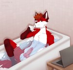 anthro balls bathroom bathtub fur genitals inviting knot lying male multicolored_body multicolored_fur nude on_back penis presenting red_body red_fur smile smirk solo tile tile_wall wall_(structure) water white_body white_fur tsunderewitch albator_(fern/alba) canid canine fox mammal red_fox true_fox absurd_res hi_res