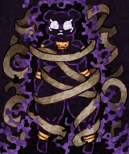 anthro aura blush female floating_clothes gold_(metal) gold_jewelry invisible jewelry mummy_wrappings outline pose purple_outline solo standing wristband scaliescum rain_world videocult watcher_(rain_world) slugcat hi_res pinup