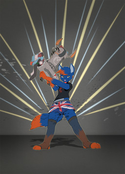 anthro clothing footwear grey_background gun legwear male pose poster ranged_weapon simple_background socks solo weapon ratcha canid canine canis mammal wolf 2016 digital_media_(artwork) hi_res pinup