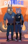 anthro badge clothing duo female male male/female police police_officer police_uniform station uniform misterfyrryman as_dusk_falls_a_new_dawn_rises disney zootopia fan_character mathilda_growley wade_wolfard canid canine canis felid feline mammal pantherine snow_leopard wolf absurd_res hi_res