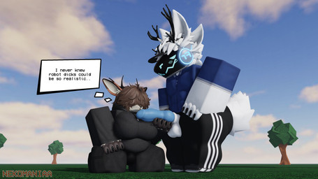 4_ears 4_fingers abs anthro anthro_on_anthro antlers big_breasts big_penis black_clothing black_sweater black_topwear blue_clothing blue_glans blue_knot blue_penis blue_shirt blue_topwear breasts clothed clothing cloud curvy_figure female fingers genitals glans grass hair hair_over_eyes hand_on_hip hand_on_knee hand_on_leg horn hybrid_genitalia hybrid_penis kneeling knot machine male male/female multi_ear muscular muscular_anthro muscular_male pecs penis penis_awe plant shirt simple_background sky smug_face standing sweater text topwear tree visor white_body wide_hips nekomaniaa roblox canid canine deer fox hybrid mammal protogen robloxian 3d_(artwork) digital_media_(artwork) english_text watermark