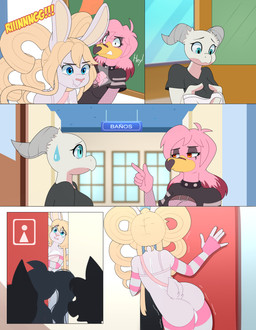 anthro armwear backsack balls barely_visible_balls barely_visible_genitalia bathroom blonde_hair blue_eyes bodily_fluids bra butt clothed clothing embarrassed eyelashes eyeshadow feathers female fur genitals group gynomorph hair horn intersex legwear long_eyelashes makeup partially_clothed pattern_armwear pattern_clothing pattern_legwear pigtails pink_body pink_feathers public public_exposure public_restroom red_eyes striped_armwear striped_clothing striped_legwear stripes sweat sweatdrop text underwear wardrobe_malfunction white_body white_fur apinkgrape glamor_to_bare rebecca_(neko-eclipse17) stephanie_(neko-eclipse17) tazri_(neko-eclipse17) avian bird flamingo kobold lagomorph leporid mammal rabbit scalie absurd_res hi_res spanish_text trans_(lore) trans_woman_(lore)