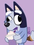 anthro beverage blue_body blue_fur brain_freeze brown_body brown_fur container cup dairy_products derp_eyes drinking_straw female food fur gloves_(marking) markings messy_eater milkshake purple_background simple_background solo whipped_cream young young_anthro dm29 bluey_(series) grimace_shake mcdonald's socks_heeler australian_cattle_dog canid canine canis cattledog domestic_dog herding_dog mammal pastoral_dog hi_res meme