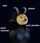 2015 anthro black_background black_body black_fur black_hair blizzard_entertainment blue_background bodily_fluids breasts canid canine canis cheek_tuft comic_sans conditional_dnp digital_media_(artwork) doge dogelore domestic_dog english_text facial_tuft fan_character female fur green_eyes hair hi_res horn humor lol_comments mammal meme misleading_thumbnail mlg paralee_(character) ratte shiba_inu shitpost simple_background solo spitz tears text third-party_edit tuft warcraft were werecanid what white_text worgen