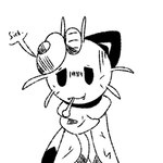 anthro black_eyes dialogue ill male scarf scientific_instrument simple_background smile solo speech_bubble teeth text thermometer whiskers white_background lattemon nintendo pokemon generation_1_pokemon meowth pokemon_(species) 1:1 english_text monochrome sketch