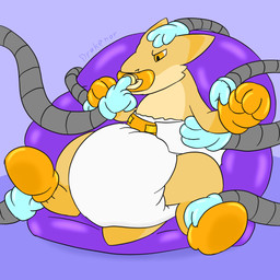 4_toes abdl anthro booties clean_diaper clothed clothing diaper feet gloves grumpy handwear machine male object_in_mouth pacifier pacifier_in_mouth robotic_arm simple_background solo tail toes wearing_diaper drakenor_drake drakenor kobold scalie 1:1 hi_res