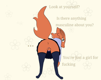 anthro anus balls bottomwear chastity_cage chastity_device clothing dialogue genitals humiliation legwear male misgendering presenting presenting_anus profanity raised_tail skirt solo tail text anonymous_artist english_text hi_res