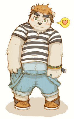 anthro black_nose blush clothing heart_symbol kemono male overalls overweight overweight_male shirt solo topwear roostax_wilddog bear mammal 2015 5:8