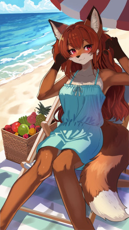 anthro beach beach_umbrella belly blue_clothing blue_dress breasts brown_body brown_fur closed_smile clothed clothing countershading dipstick_tail dress female front_view fully_clothed fur gloves_(marking) hair inner_ear_fluff looking_at_viewer markings mouth_closed outside parasol picnic red_eyes red_hair sitting small_breasts smile solo sundress tail tail_markings tuft white_belly kemo_yuki canid canine fox mammal hi_res