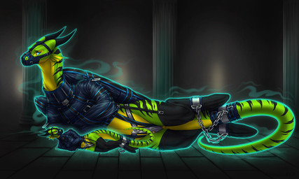 anthro armbinder binder_(restraint) bondage_gear bound chastity_belt chastity_device clothing cuff_(restraint) duo female feral green_body green_scales latex latex_clothing legwear markings muzzle_(object) restraints scales stockings striped_markings stripes tail tail_cuff tail_tied wingbinders wrist_cuffs ammylin mythology adhara dragon mythological_creature mythological_scalie scalie 5:3 hi_res