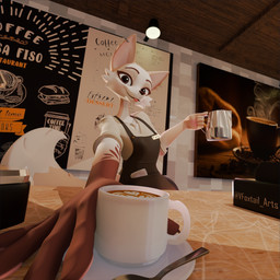 anthro barista brown_eyes female fur latte_art leucistic slim solo tail white_body white_fur foxdee_foxtail fany_(foxdee) canid canine fox mammal 1:1 3d_(artwork) absurd_res digital_media_(artwork) hi_res