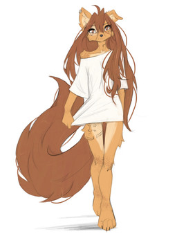 4_toes anthro barefoot biped bottomless bottomless_anthro bottomless_female brown_eyes brown_hair brown_tail claws clothed clothed_anthro clothed_female clothing ear_piercing feet female fingers front_view fur hair inner_ear_fluff leg_tattoo long_hair long_tail neck_tattoo partially_clothed partially_clothed_anthro partially_clothed_female paws piercing shirt shirt_only simple_background solo standing tail tan_body tan_fur tattoo thigh_tattoo toe_claws toes topwear topwear_only tuft white_background tinygaypirate apogee_(tinygaypirate) canid canine canis domestic_dog mammal 2025 3:4 digital_drawing_(artwork) digital_media_(artwork) hi_res