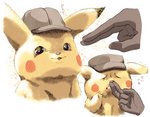 anthro detective_hat disembodied_hand duo finger_in_nose fur male yellow_body yellow_fur minashirazu nintendo pokemon wrinkled_pikachu detective_pikachu generation_1_pokemon human mammal pikachu pokemon_(species)