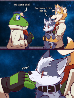 anthro bite black_collar black_nose blep blue_clothing blue_eyes blue_shirt blue_topwear clothed clothed_male clothing collar dialogue dipstick_tail eye_contact eye_scar facial_scar feral fingerless_gloves fully_clothed fully_clothed_male fur gloves green_body green_clothing green_eyes green_shirt green_skin green_topwear grey_body grey_fur group hair handwear hat headgear headwear jacket kerchief logo looking_at_another male markings neckerchief neckwear open_mouth paws question red_eyes red_kerchief red_neckerchief scar shirt short_hair smile standing tail tail_markings teeth text tongue tongue_out topwear trio whisker_spots whiskers white_body white_fur white_hair yellow_body yellow_fur ventkazemaru cool_s nintendo star_fox fox_mccloud slippy_toad wolf_o'donnell amphibian canid canine canis fox frog mammal toad_(frog) wolf 2025 artist_logo artist_name comic dated english_text hi_res