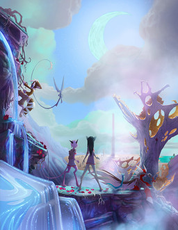 anthro backpack blue_body blue_fur clothed clothing female fur green_body green_fur green_hair group hair horn male plant rear_view shirt topwear tree david_lillie dreamkeepers bastion_aduro cuddles_vincent lilith_calah mace_(dreamkeepers) namah_calah whip_(dreamkeepers) canid canine domestic_cat felid feline felis mammal ryuu-neko 2019 sibling_(lore) sister_(lore) sisters_(lore)