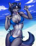 anthro beach bikini blue_hair breasts bulge clothed clothed_anthro clothed_gynomorph clothed_intersex clothing detailed_background front-tie_bikini front-tie_clothing front-tie_swimwear genitals gynomorph hair horn humanoid_genitalia humanoid_penis intersex looking_at_viewer nipple_chain nipple_outline nipple_piercing nipples outside penis penis_base piercing sand seaside side-tie_bikini side-tie_clothing side-tie_swimwear smile solo string_bikini swimwear tied_bikini tied_clothing tongue tongue_out two-piece_swimsuit wide_hips porin canid canine mammal digital_media_(artwork) hi_res shaded