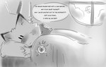 anthro bed bedroom blush duo female furniture heart_symbol heartbeat male night pillow text thought_bubble under_covers lilmoonie hoshi_(lilmoonie) canid canine fox human mammal 2021 comic english_text greyscale monochrome