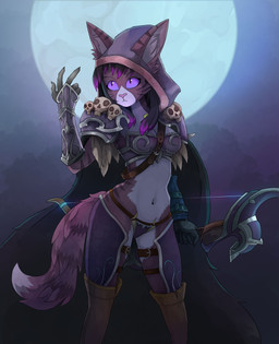 anthro breasts clothed clothing female fluffy fluffy_tail highlights_(coloring) holding_object holding_weapon melee_weapon navel night outside purple_eyes purple_highlights solo standing sword tail weapon kitty_love blizzard_entertainment warcraft felid feline mammal 2022 absurd_res hi_res