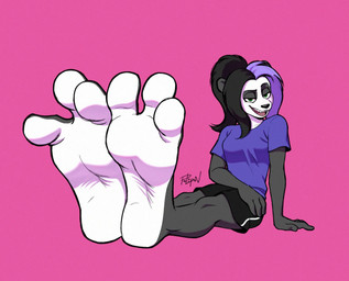 3_toes 4_fingers anthro big_feet black_hair black_nose clothing countershade_feet countershade_fur countershading feet female fingers foot_fetish fur green_eyes hair huge_feet lidded_eyes looking_at_viewer multicolored_body multicolored_fur multicolored_hair plantigrade ponytail purple_clothing purple_hair simple_background sitting smile smiling_at_viewer soles solo toes two_tone_body two_tone_fur two_tone_hair white_soles polipon blizzard_entertainment warcraft sarnari bear giant_panda mammal pandaren ursine hi_res signature