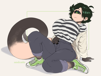 1_eye 5_fingers big_breasts big_eyes big_tail biped black_sclera breasts clothing ear_piercing female fingers footwear green_eyes hair huge_breasts leaning leaning_backward looking_at_viewer pattern_clothing piercing shoes short_hair sitting sneakers solo striped_clothing stripes tail thick_thighs tight_clothing sandcasks sandcavern madu_(anaid) cyclops humanoid tailclops_(species) 4:3