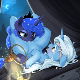 between_thighs blue_body blue_eyes blue_hair blush bodily_fluids cosmic_hair crown cunnilingus drooling duo dutch_angle ethereal_hair eyelashes female female/female feral feral_on_feral fluffy fluffy_chest genitals glistening glistening_eyes hair headgear hooves horn long_hair navel night open_mouth oral pupils quadruped saliva sex spread_legs spreading thick_thighs tongue tongue_out translucent translucent_hair vaginal vulva ynery friendship_is_magic hasbro my_little_pony mythology fan_character princess_luna_(mlp) equid equine mammal mythological_creature mythological_equine unicorn 1:1 hi_res