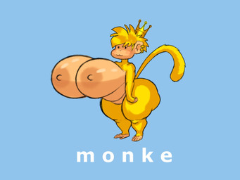 anthro areola big_breasts big_butt blonde_hair blue_background breasts butt crown dot_eyes ear_piercing female hair headgear huge_breasts huge_butt multicolored_body nipples nude piercing simple_background simple_eyes smile solo tan_areola tan_nipples text thick_thighs two_tone_body wide_hips dangodanger haplorhine mammal monkey primate 2021 4:3 digital_media_(artwork) english_text hi_res