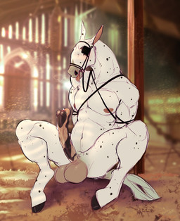 animal_genitalia animal_penis anthro balls bdsm big_balls blinders bodily_fluids bondage bound drooling equine_genitalia equine_penis erection eyewear fur genital_fluids genitals harness hooves male nude penis petplay ponyplay precum roleplay saliva sitting solo stable submissive submissive_male tongue tongue_out white_body white_fur yanzer equid equine hybrid mammal mule hi_res