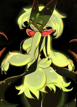 anthro breast_curtains breasts butt female female_anthro green_body looking_at_viewer medium_breasts red_eyes short_tail solo sparkles tail chunniwa nintendo pokemon felid generation_9_pokemon mammal meowscarada pokemon_(species) absurd_res hi_res