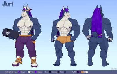 5_fingers abs anthro areola backwards_baseball_cap backwards_hat barazoku barbell_piercing baseball_cap biceps big_bulge big_muscles biped blue_areola blue_body blue_nipples bottomwear boxer_briefs bulge butt clothed clothing detailed_bulge dreadlocks eyebrows feet fingers footwear front_view hair hat headgear headwear huge_muscles humanoid_feet male male_anthro mouth_closed muscular muscular_anthro muscular_male narrowed_eyes navel nipple_barbell nipple_piercing nipples orange_body pants pecs piercing plantigrade purple_bottomwear purple_clothing purple_eyes purple_footwear purple_hair purple_pants purple_shoes quads rear_view shoes sneakers solo standing text topless topless_anthro topless_male underwear white_body white_clothing white_footwear white_hat white_headwear white_shoes apple-faced juri_(traustur) equid equine horse mammal 2021 artist_name digital_media_(artwork) english_text hi_res model_sheet