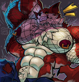 abs anthro barazoku big_muscles bottomwear chest_tuft clothing countershading ear_piercing ear_ring fishnet_clothing fishnet_topwear fur male muscular muscular_anthro muscular_male nipple_piercing nipple_ring nipples orange_eyes pants pecs piercing raised_arms red_body red_fur ring_piercing smile solo teeth text topwear torn_bottomwear torn_clothing torn_pants tuft white_body white_fur its_coldpizza epic_games fortnite mythology lycan_west_(fortnite) canid canine canis mammal mythological_canine mythological_creature werecanid werecanine werecreature werewolf wolf 2025 absurd_res artist_name digital_media_(artwork) hi_res