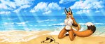 anthro beach big_breasts big_ears blonde_hair blue_eyes breast_squeeze breast_squish breasts clothing_on_floor covered_breasts female grin grinning_at_viewer hair highlights_(coloring) huge_breasts long_hair looking_at_viewer nude pose red_hair red_highlights sand sea seaside smile smiling_at_viewer smirk smirking_at_viewer solo squeezing squish sunny tail ultrawide water keylawuff founntain_(character) canid canine fox mammal 2023 absurd_res hi_res pinup signature