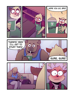 2_horns anthro apron barista blue_clothing blue_shirt blue_topwear blush blush_lines bottomwear brown_body brown_fur clothing coffee_cup coffee_machine coffee_shop container cup dialogue drinking drinking_straw duo flustered full-face_blush fur furniture holding_container holding_cup holding_object holding_pencil horn inside logo male name_tag on_sofa pants pencil_(object) piercing red_clothing red_shirt red_topwear serving shirt shy sitting sitting_on_sofa sofa sparkles speech_bubble studying table tan_body tan_fur tank_top text tongue tongue_out tongue_piercing topwear uniform working writing_on_object t0l0k brandon_(t0l0k) miguel_(t0l0k) bison bovid bovine herpestid mammal meerkat comic english_text hi_res