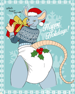 ageplay anthro blue_body blue_fur christmas_clothing christmas_headwear clothed clothing diaper fur hat headgear headwear holding_present holidays infantilism looking_at_viewer looking_back looking_back_at_viewer male male_anthro narrowed_eyes open_mouth open_smile red_clothing red_hat red_headwear roleplay santa_hat simple_background smile solo standing teeth wearing_diaper white_diaper yellow_eyes hardscales christmas mammal mouse murid murine rodent hi_res portrait three-quarter_portrait