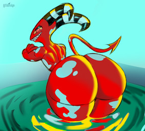 big_butt black_stripes butt crossed_arms half-closed_eyes horn looking_back male narrowed_eyes not_furry nude_male partially_submerged rear_view red_body red_eyes red_skin sharp_teeth smile solo spade_tail spots striped_horn stripes tail teeth thick_thighs white_spots tiburalgo hellaverse helluva_boss blitzo_(helluva_boss) imp 2024 hi_res