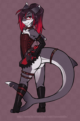 anthro armwear belt bottomwear buckle butt claws clothed clothing collar corset crossdressing elbow_gloves eyewear facial_piercing femboy fin frilly glasses gloves gradient_background hair hand_on_hip handwear latex leggings legwear lingerie lip_piercing looking_at_viewer looking_back male multicolored_hair nose_piercing piercing pose red_eyes simple_background skirt snakebite_piercing solo standing studs tail tail_under_skirt toeless_legwear topwear two_tone_hair ryunwoofie akula_(fenix-fox) aquatic fish shark hi_res pinup watermark