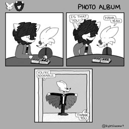 3_panel_comic anthro book clothing comic_panel costume dialogue duo halloween_costume holidays male male/male photo speech_bubble text vampire_costume kyleslameart halloween canid canine canis felid lion mammal pantherine vampire wolf 1:1 absurd_res comic english_text hi_res monochrome