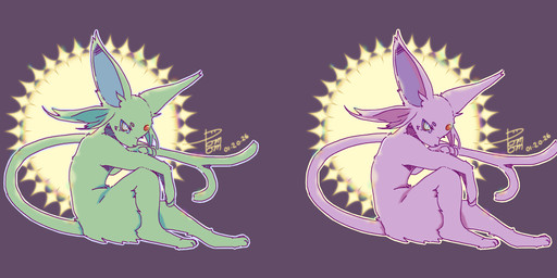 ambiguous_gender anthro blue_sclera cheek_tuft duo facial_tuft forehead_gem fur gem green_body green_fur grey_background light light_beam pink_body pink_fur purple_sclera simple_background sitting sun sunbeam sunlight tail tuft white_eyes pom_pom(artist) nintendo pokemon eeveelution espeon generation_2_pokemon pokemon_(species) 2026 absurd_res dated hi_res signature
