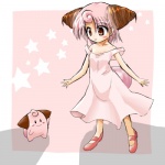 1:1 alternate_species brown_eyes cleffa clothing cosplay costume dress duo female feral generation_2_pokemon hair human humanized low_res mammal nintendo pink_hair pokemon pokemon_(species) pokemon_costume ranphafranboise star waddling_head young