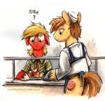 2014 apple apron big_macintosh_(mlp) blonde_hair brown_hair cafeteria clothing cutie_mark dialogue donut_joe_(mlp) duo earth_pony english_text equid equine facial_hair feral food freckles friendship_is_magic fruit fur green_eyes hair hasbro horn horse kenket male mammal my_little_pony mythological_creature mythological_equine mythology plant plate pony red_body red_fur sophiecabra stubble text traditional_media_(artwork) unicorn