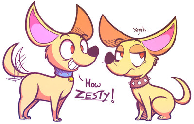 black_nose blue_collar brown_collar collar duo feral fur male pink_inner_ear pointy_ears prick_ears red_eyes tail tail_motion tailwag tan_body tan_fur mistermarkers hasbro pound_puppies pound_puppies_(2010) cuddlesworth squirt_(pound_puppies) canid canine canis chihuahua domestic_dog mammal toy_dog 2013