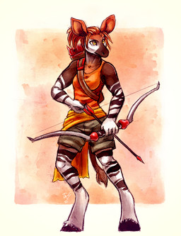 5_fingers abstract_background amber_eyes anthro arrow_(weapon) barefoot biped black_hooves border bottomwear bow_(weapon) breasts brown_body brown_clothing brown_fur brown_hair brown_stripes brown_tail clothed clothing feathering feet female fingers frown fur hair holding_object holding_weapon hooves humanoid_hands looking_aside looking_away multicolored_body multicolored_fur orange_background orange_clothing outside_border ponytail quiver_(object) ranged_weapon shirt shorts simple_background small_breasts snout solo standing striped_body striped_fur stripes tail tail_tuft tank_top topwear tuft two_tone_body two_tone_fur unguligrade weapon white_body white_border white_fur white_stripes noviraine giraffid mammal okapi 2016 digital_drawing_(artwork) digital_media_(artwork) full-length_portrait orange_theme portrait warm_colors