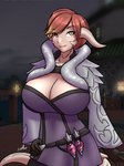 big_breasts breasts cleavage clothed clothing detailed_background exposure_variation female horn huge_breasts solo tail furball final_fantasy final_fantasy_xiv square_enix rei_(tristan13) animal_humanoid au_ra humanoid scalie scalie_humanoid