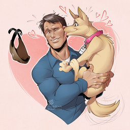 5_fingers ambiguous_gender clothed clothing collar duo eyelashes face_lick feral fingers fur hair licking male mask smile snout tail tail_motion tailwag tongue topwear zillabean fbi hannibal_(series) real_world hannibal_lecter canid canine canis domestic_dog human mammal digital_media_(artwork)
