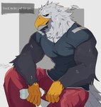 anthro beak bodily_fluids bottle bottomwear clothing container male muscular muscular_anthro muscular_male pants shirt simple_background solo sweat topwear water_bottle dap1h accipitrid accipitriform avian bird eagle absurd_res digital_drawing_(artwork) digital_media_(artwork) hi_res