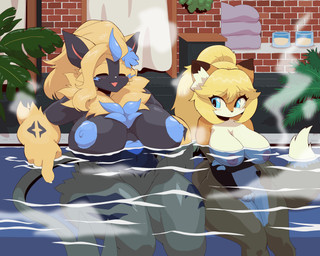 anthro areola bath bathhouse big_breasts blue_areola blue_nipples blush breasts brick_wall claws cleavage clothed clothing duo embarrassed eyes_closed female female/female hair hot_water huge_breasts looking_at_another looking_pleasured multicolored_body navel nipples nude open_mouth partially_submerged pink_areola pink_nipples ponytail relaxing staring_at_chest steam thick_thighs wall_(structure) wide_hips juzztie nintendo pokemon aurora_(nbanoob) marisa_(fireson) canid canine felid feline fox generation_7_pokemon legendary_pokemon mammal pokemon_(species) zeraora 2025 5:4 colored digital_drawing_(artwork) digital_media_(artwork) hi_res